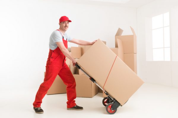 full length of young caucasian deliveryman with hand truck, transporting cardboard boxes. moving house